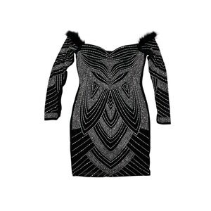 Women's Mesh Bodycon Mini Dress Black Beaded Sz XL Party Evening Wear Clubbing